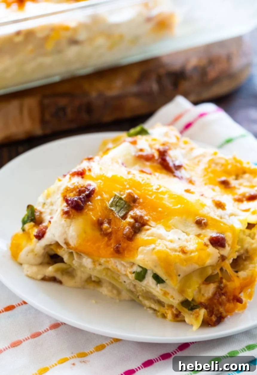 Close-up of Chicken Bacon & Ranch Lasagna, showing the delicious layers.