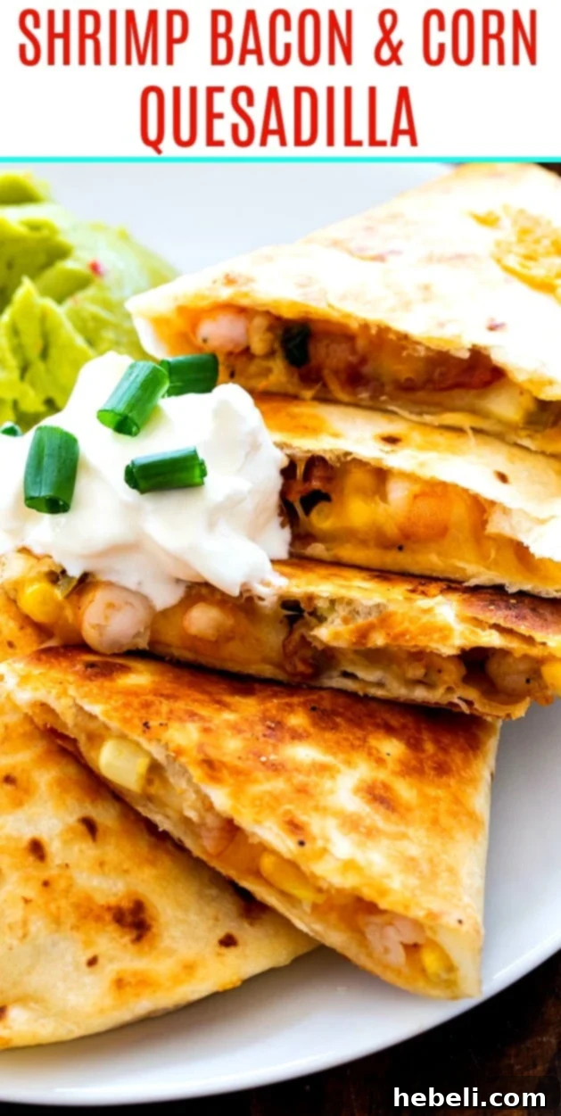 Sizzling Shrimp, Bacon and Corn Quesadillas 7 A close-up of a golden-brown Shrimp, Bacon, and Corn Quesadilla, indicating it's less than 20 minutes to make.