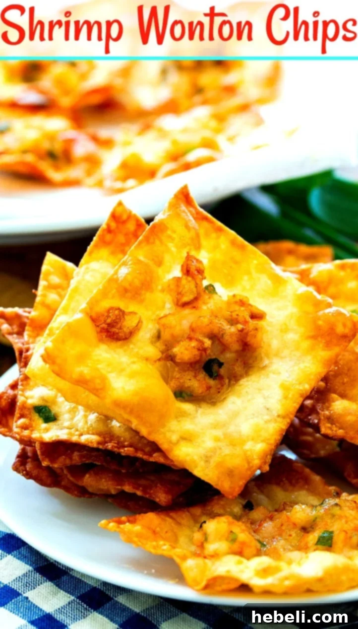 Close-up of a single Shrimp Wonton Chip, beautifully showcasing its crispy, golden-brown edge and the visible, savory shrimp center, garnished with fresh herbs.