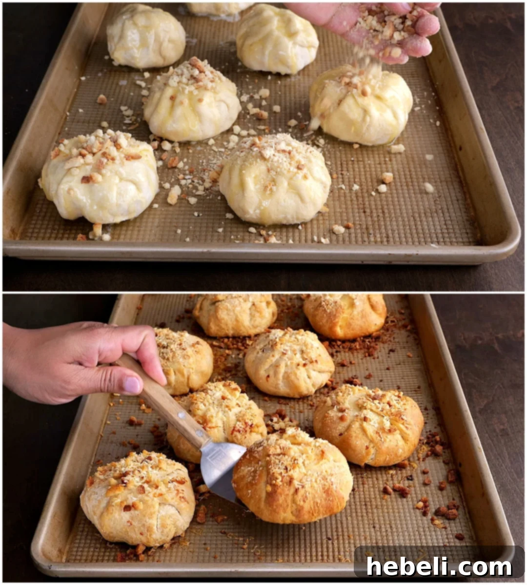 Stuffing mixture sprinkled on top of bundles.