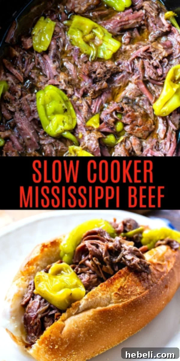 Close-up of shredded Slow Cooker Mississippi Beef with a focus on the juicy gravy and tender pepperoncini peppers.