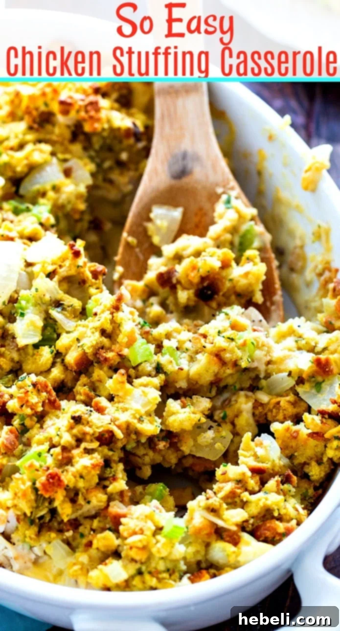 Another appealing shot of the completed chicken stuffing casserole.