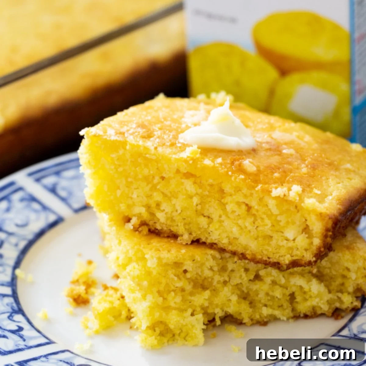 Your New Favorite Jiffy Cornbread 2 Two pieces of golden, moist Jiffy Cornbread on a simple plate, ready to be enjoyed.