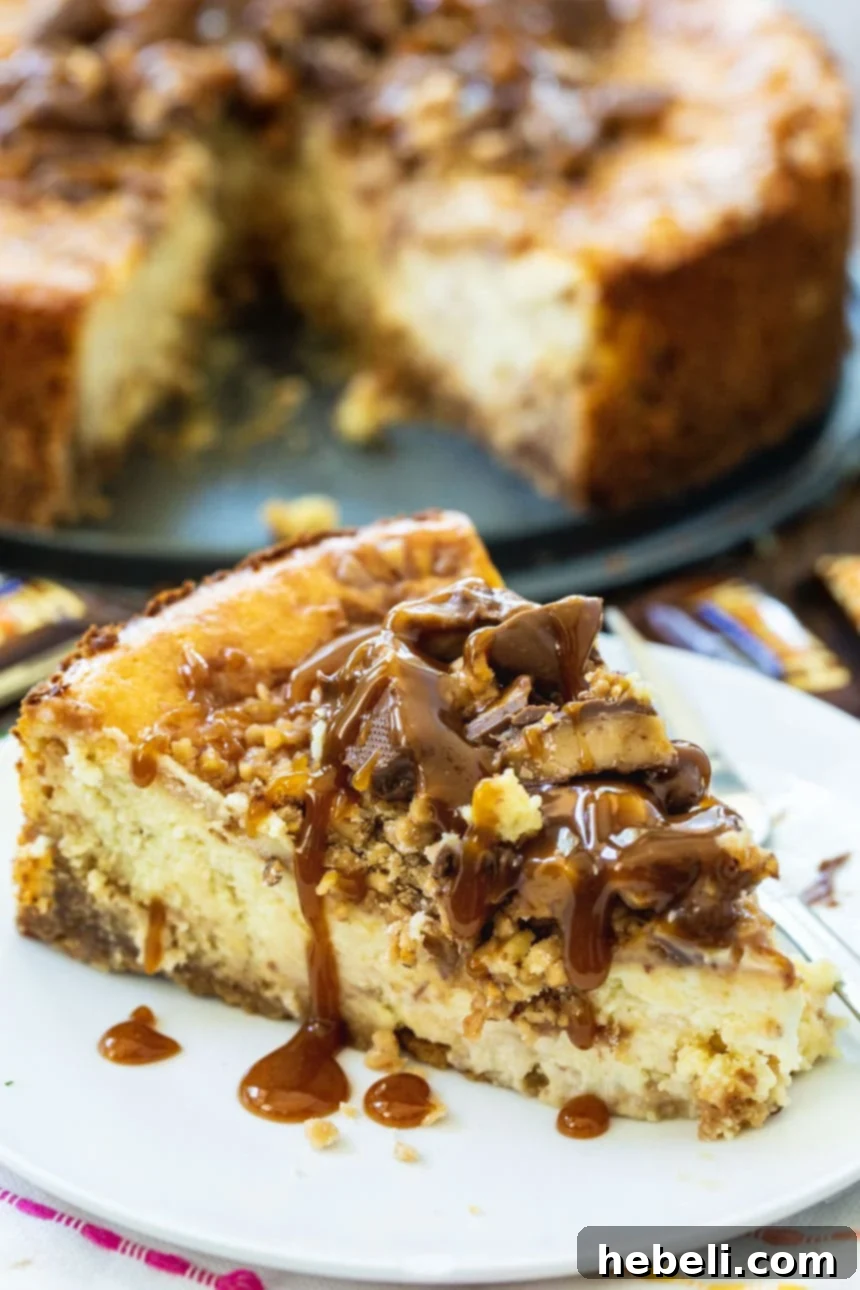 Luscious English Toffee Cheesecake 4 A tantalizing slice of English Toffee Cheesecake with the whole dessert visible in the background.