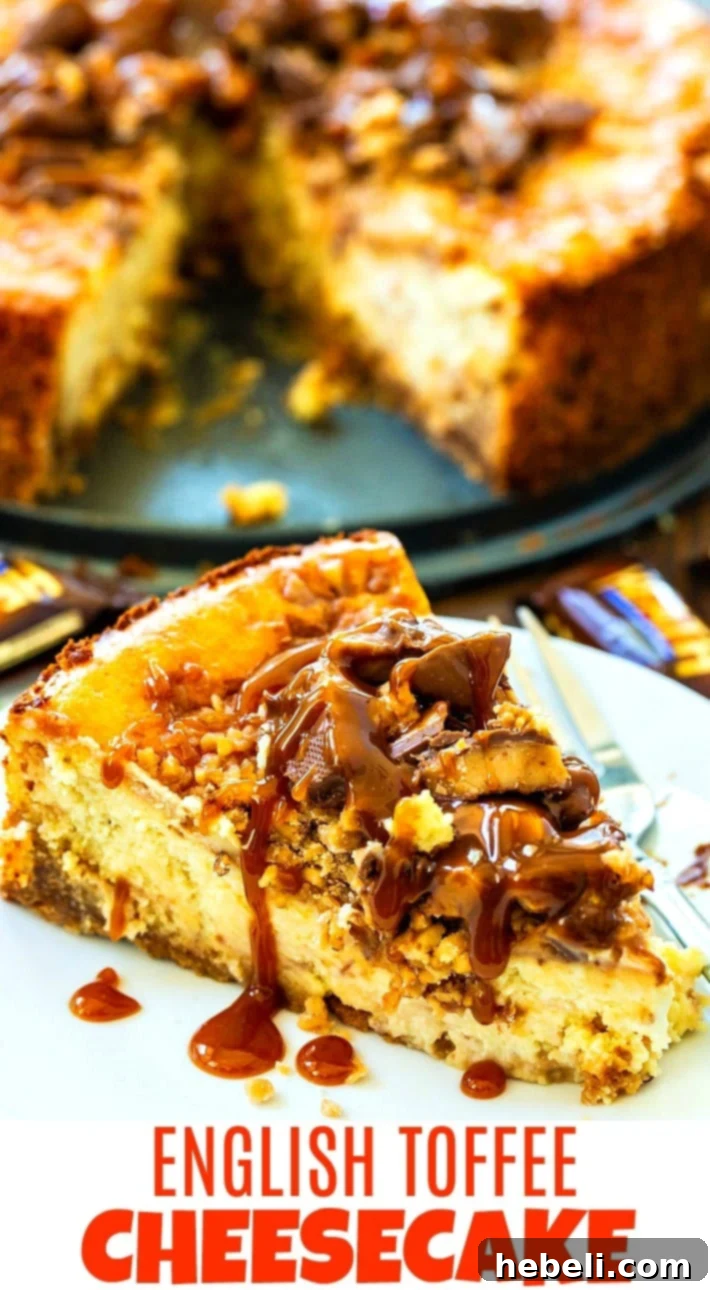 Luscious English Toffee Cheesecake 6 A stunning slice of English Toffee Cheesecake on a white plate with more cheesecake and toppings in the background.