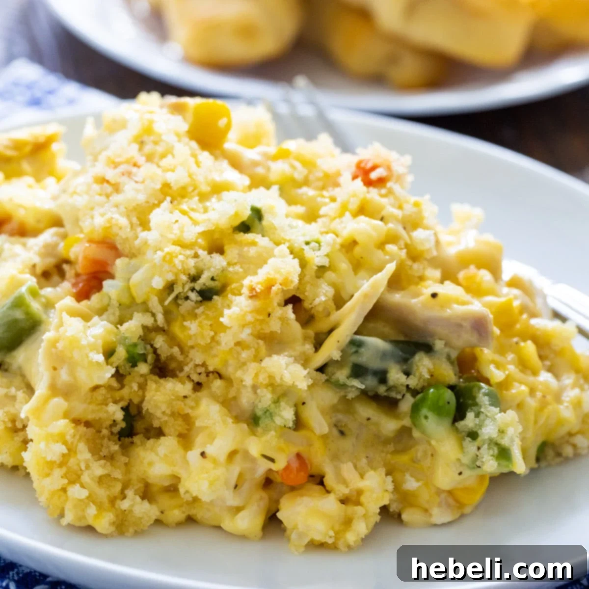 Velvety Chicken and Rice Casserole 2 Creamy and Chicken Rice Casserole dished up on a plate.