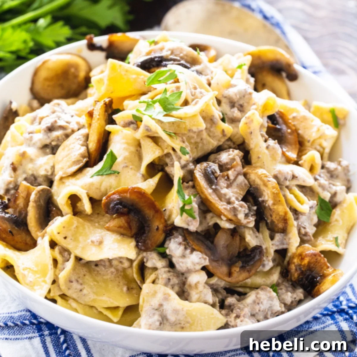 Hearty Homestyle Ground Beef Stroganoff 2 Ground Beef Stroganoff in a serving bowl.
