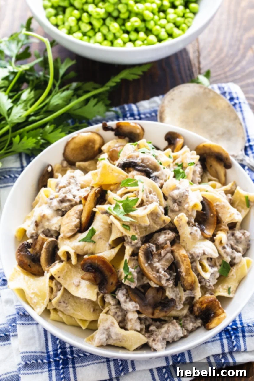 Hearty Homestyle Ground Beef Stroganoff 3 Bowl full of Beef Stroganoff and a bowl full of peas