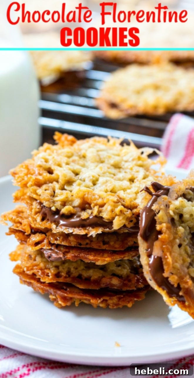 Close-up of a Chocolate Florentine Cookie, highlighting the rich chocolate filling and delicate oat-lace cookie.