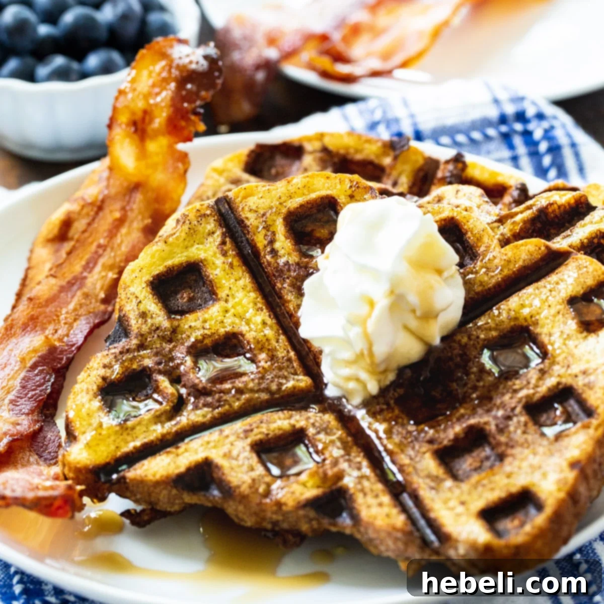 Ultimate Waffled French Toast 2 Waffled French Toast on a plate with bacon.