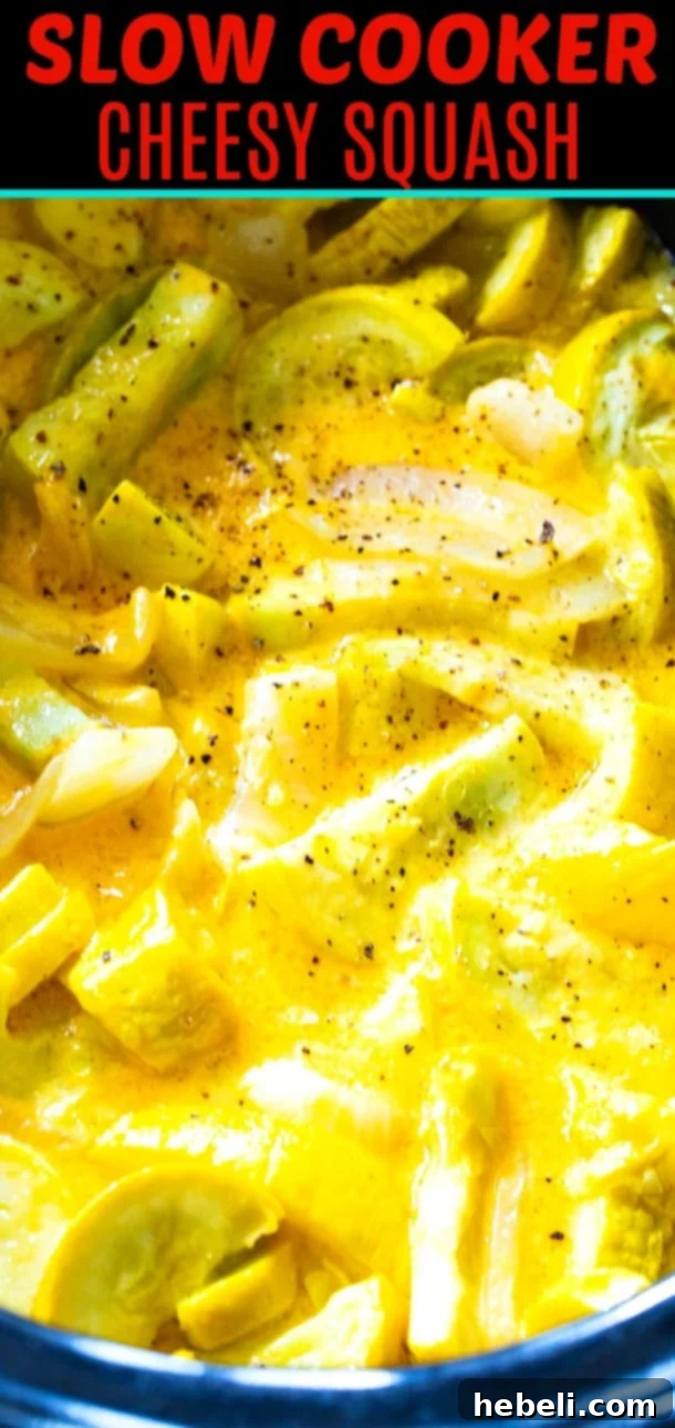 Crock Pot filled with steaming, golden, cheesy squash, ready to be served.