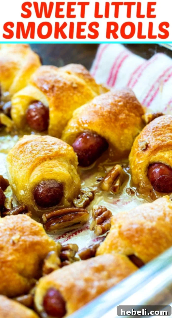 Close-Up of Sweet Little Smokie Rolls, showing the glossy glaze and pecans.