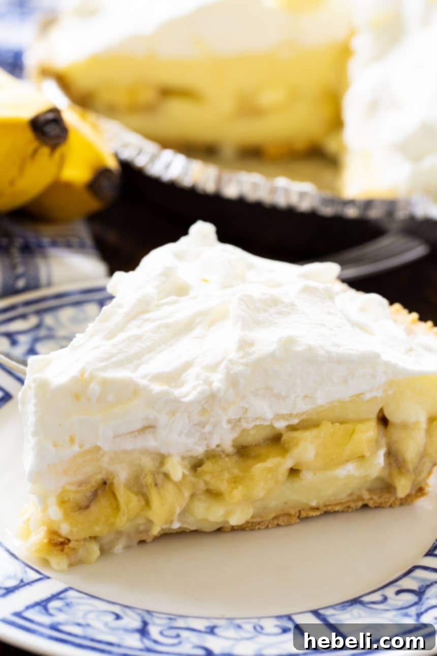 A close-up shot of a creamy Banana Cream Pie, showing its smooth texture and the top layer of whipped cream, inviting a taste.