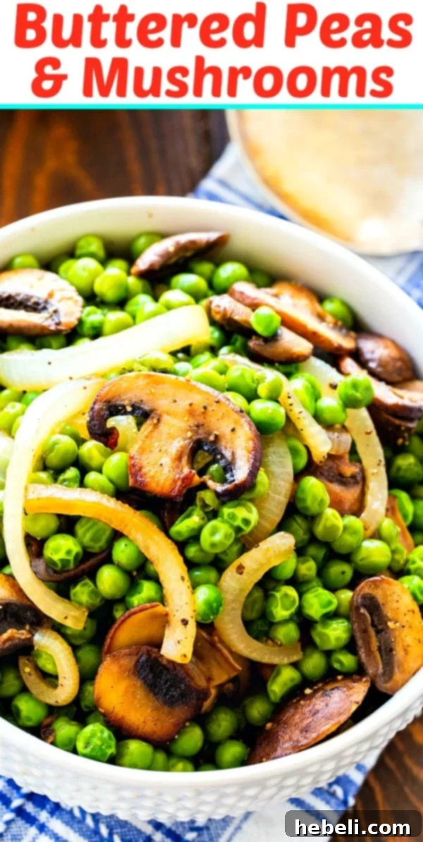 Close-up of golden-brown mushrooms and vibrant green peas coated in butter, in a white bowl.