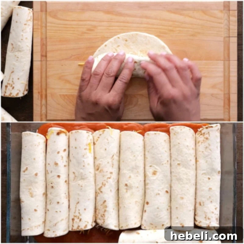 Kıymalı Enchilada 6 Assembling ground beef and cheese into tortillas.