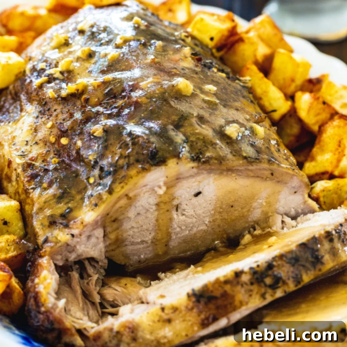 Slow Cooker Garlic Butter Pork Roast surrounded by roasted potatoes, highlighting the tender, juicy pork.