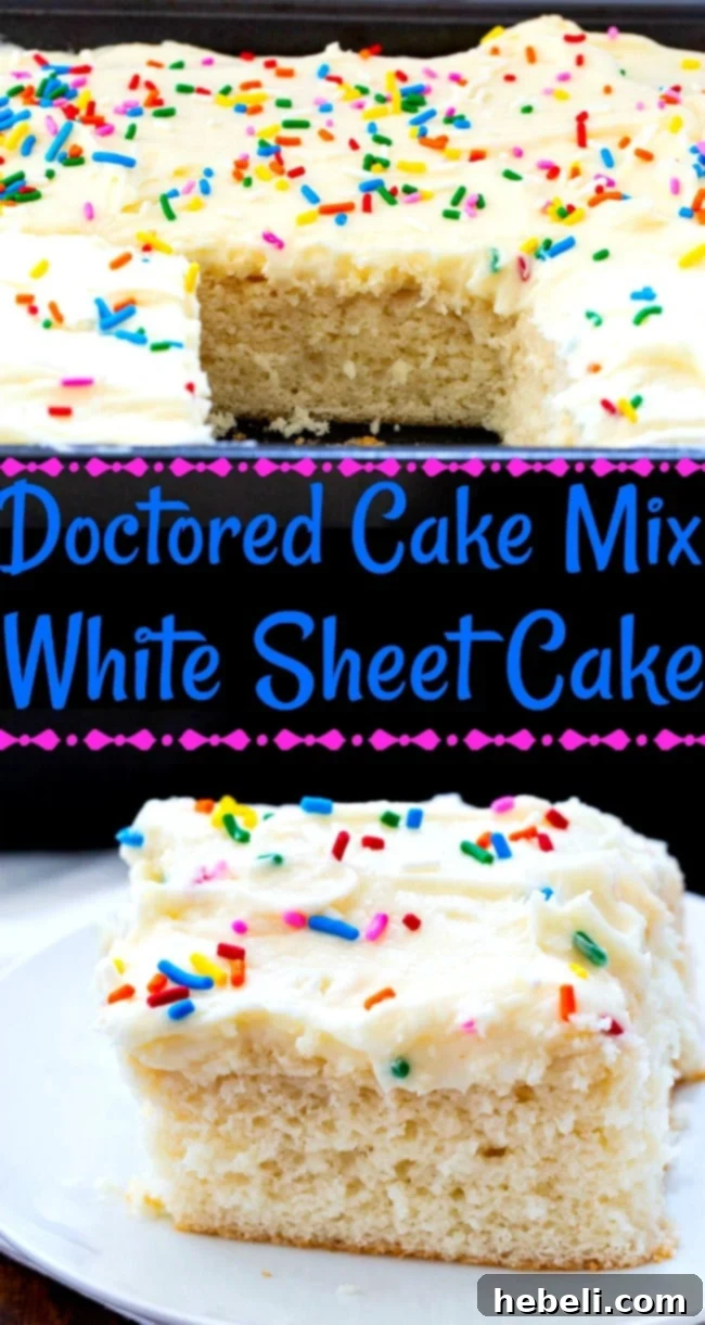 Collage of Doctored Cake Mix White Sheet Cake with different angles and serving suggestions.