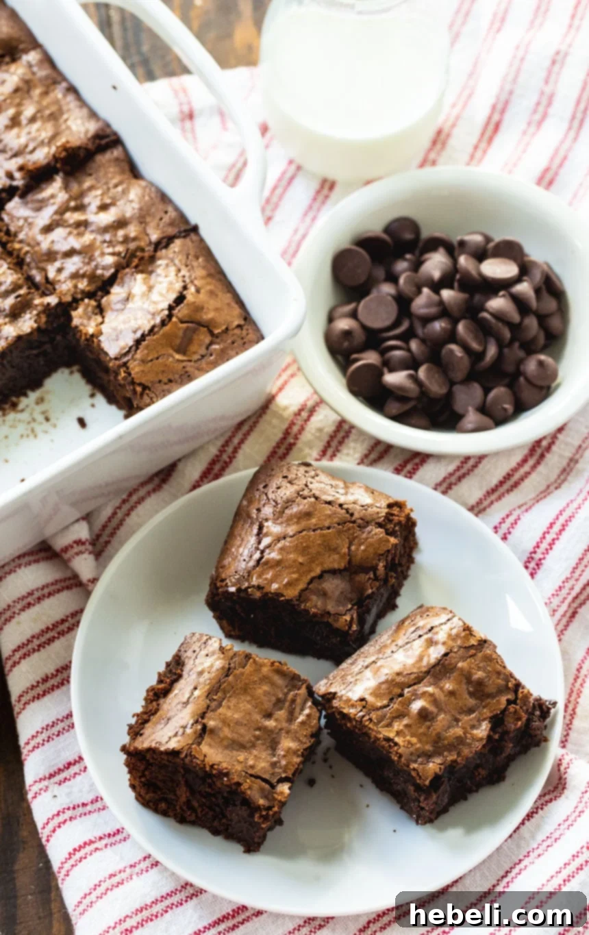 An inviting overhead shot highlighting the rich, dark surface and dense, fudgy interior of the Bittersweet Chocolate Brownies.