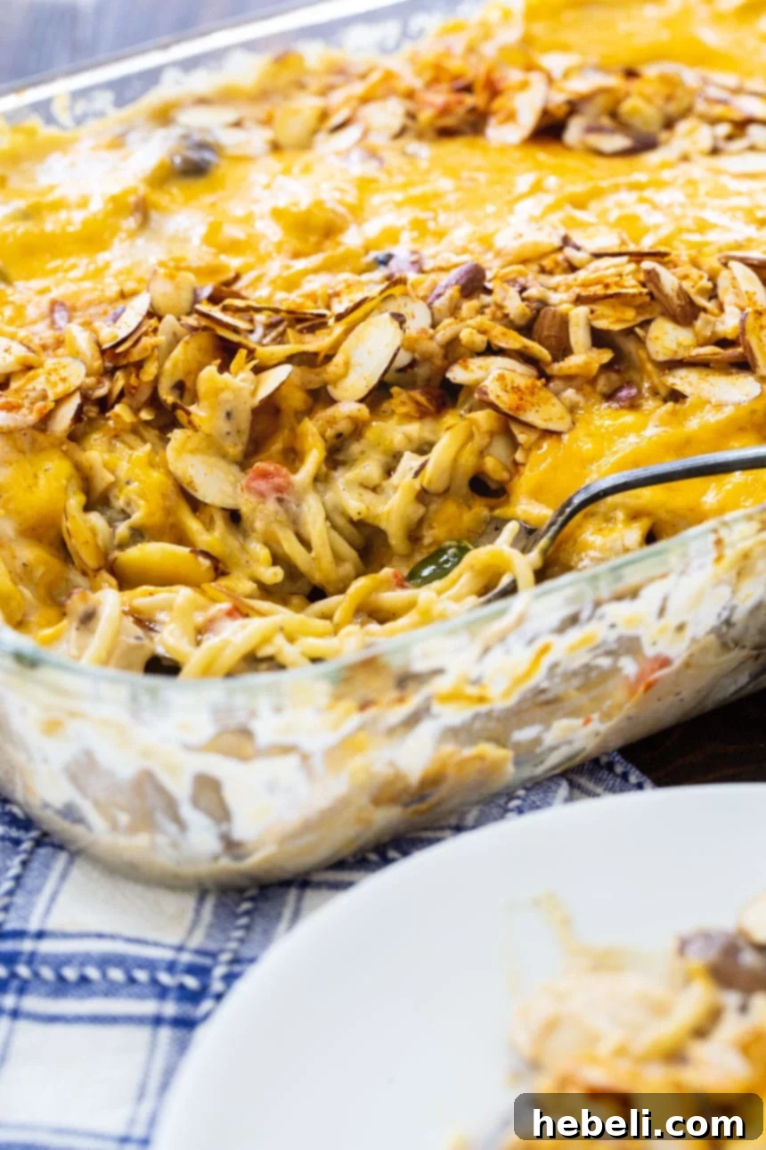 Creamy Chicken Tetrazzini 4 A serving of Classic Chicken Tetrazzini scooped onto a white plate, highlighting its creamy chicken and spaghetti, with the main casserole dish visible in the soft-focus background.