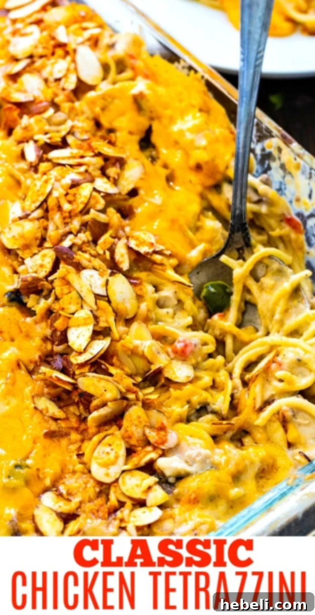 Creamy Chicken Tetrazzini 6 Close-up of a generous serving of Classic Chicken Tetrazzini on a white plate, highlighting the rich, creamy sauce, tender chicken pieces, and visible spaghetti strands, with a text overlay "Classic Chicken Tetrazzini" indicating its deliciousness and inviting taste.