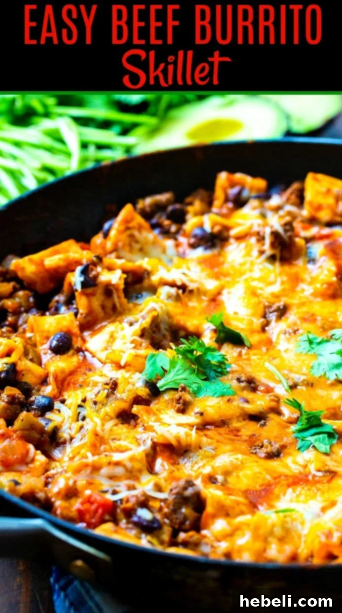 One-Pot Beef Burrito Skillet 6 Burrito Skillet in a large skillet, close-up with melted cheese.