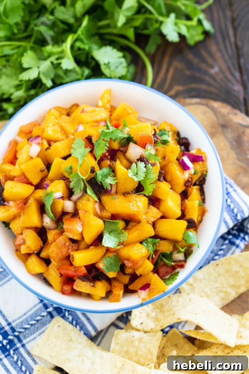 Smoldering Peach Salsa 3 Close-up of freshly made Chipotle Peach Salsa in a bowl, with a scattering of tortilla chips and cilantro around it, showcasing its chunky texture.