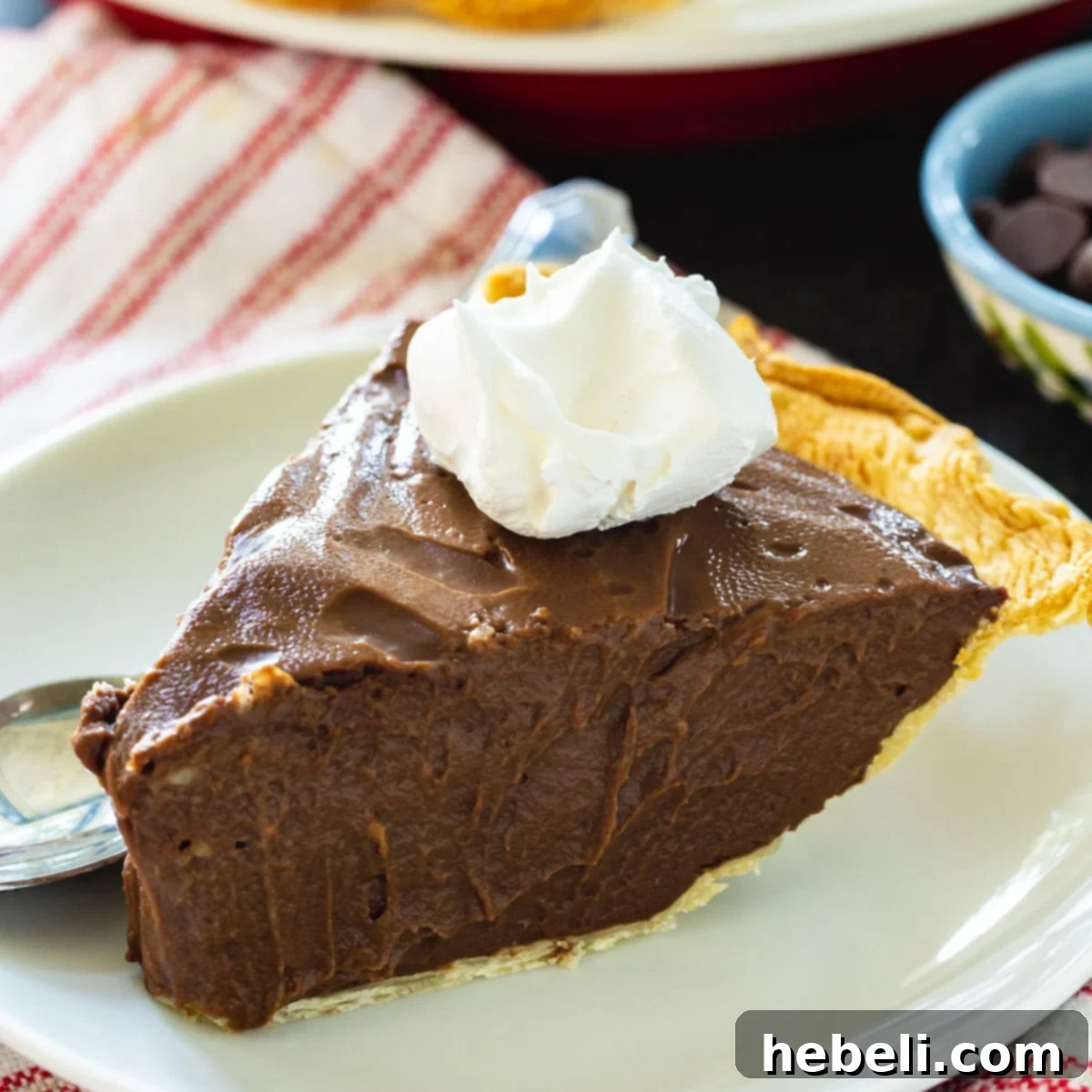Dark Chocolate Pie topped with whipped cream, ready to be served.
