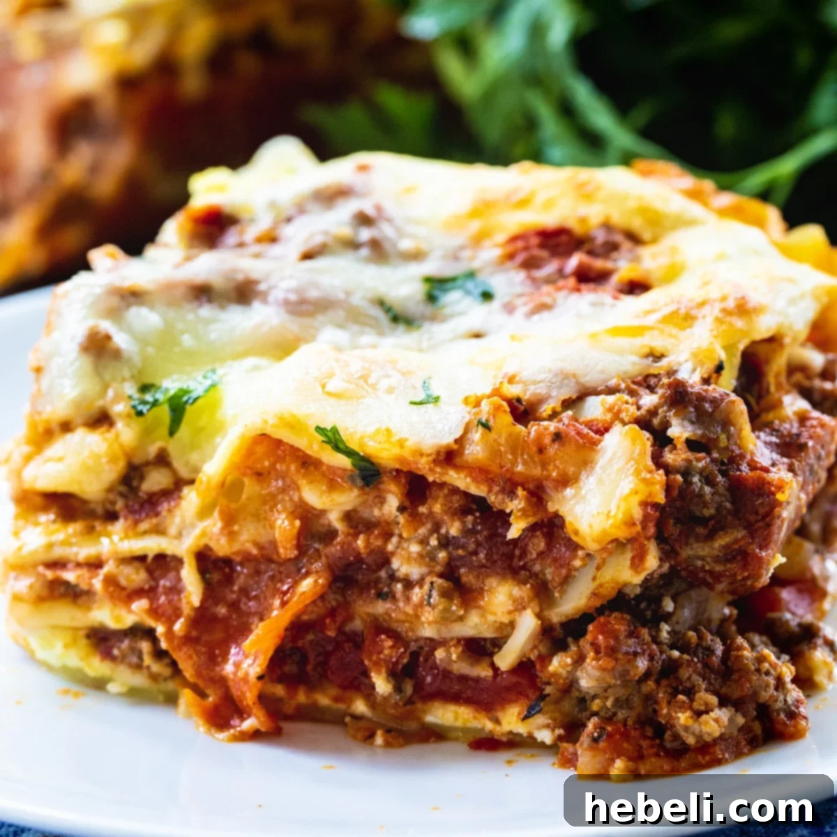 Velvety Cream Cheese Lasagna 2 A delectable slice of Cream Cheese Lasagna on a white plate, showcasing its layers of cheese, meat sauce, and pasta.