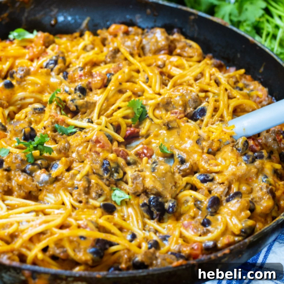 Tex-Mex Noodle Delight 2 Creamy Taco Spaghetti, a quick and easy Tex-Mex pasta dish with ground beef and cheese.