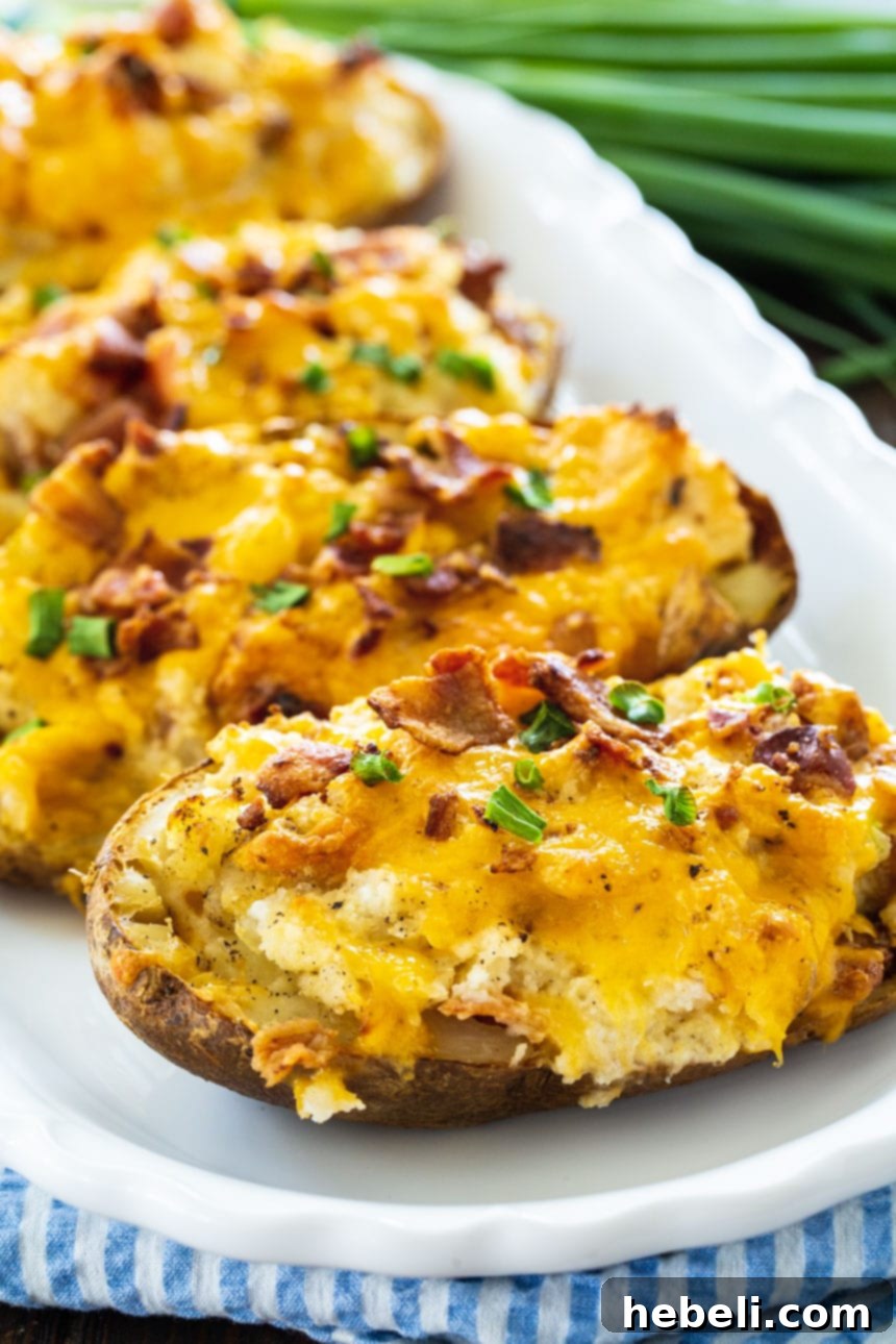 Beautifully stuffed potatoes arranged on a pristine white serving dish.