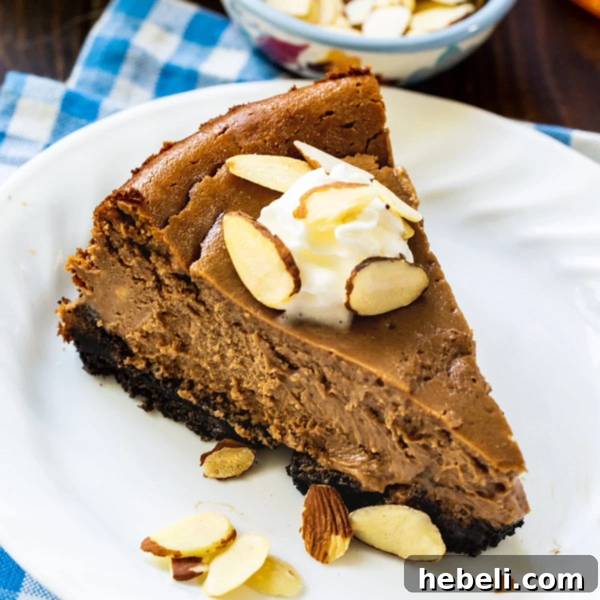 A sumptuous slice of Chocolate Amaretto Cheesecake, elegantly topped with fluffy whipped cream and delicately sliced toasted almonds, ready to be enjoyed.