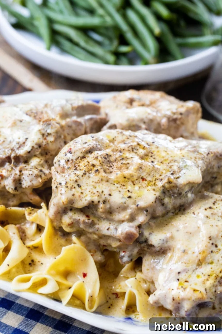 Creamy Ranch Pork Chops over noodles in a bowl, ready to serve.