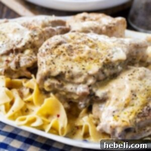 Slow Cooker Creamy Ranch Pork Chops over noodles.