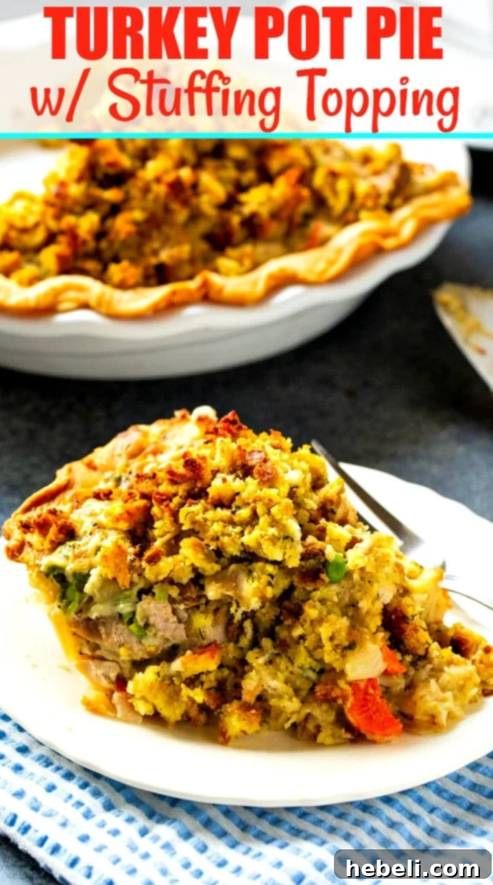 Savory Turkey Pot Pie with Stuffing Crust 6 Close-up of Turkey Pot Pie with stuffing topping, showing the rich texture and golden-brown crust.