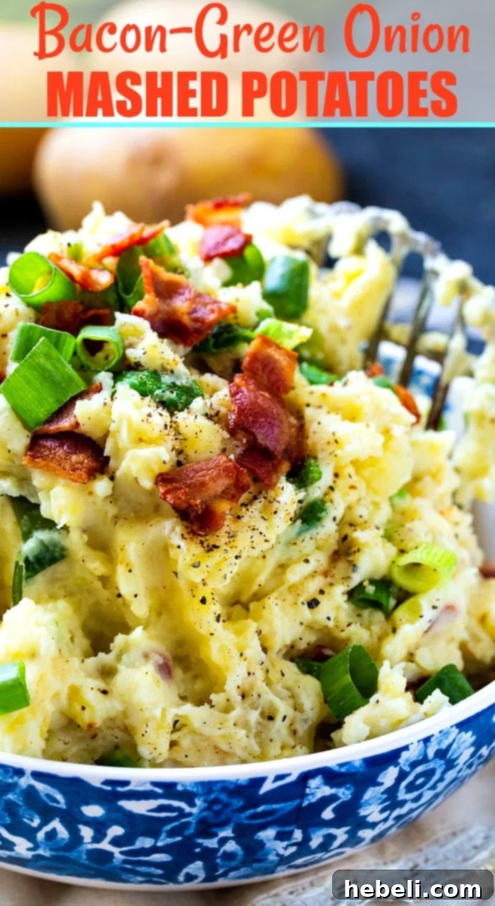 A close-up shot of Bacon-Green Onion Mashed Potatoes in a beautiful serving bowl, showcasing the creamy texture, visible bacon bits, and fresh green onion garnish, highlighting its deliciousness.