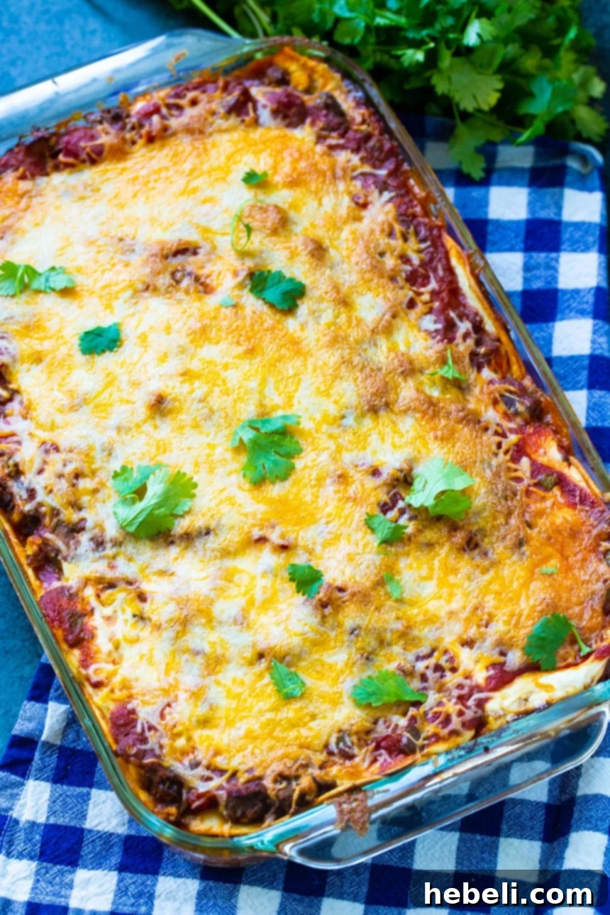 Mexican Lasagna perfectly baked in a 9x13-inch pan, ready to be served.