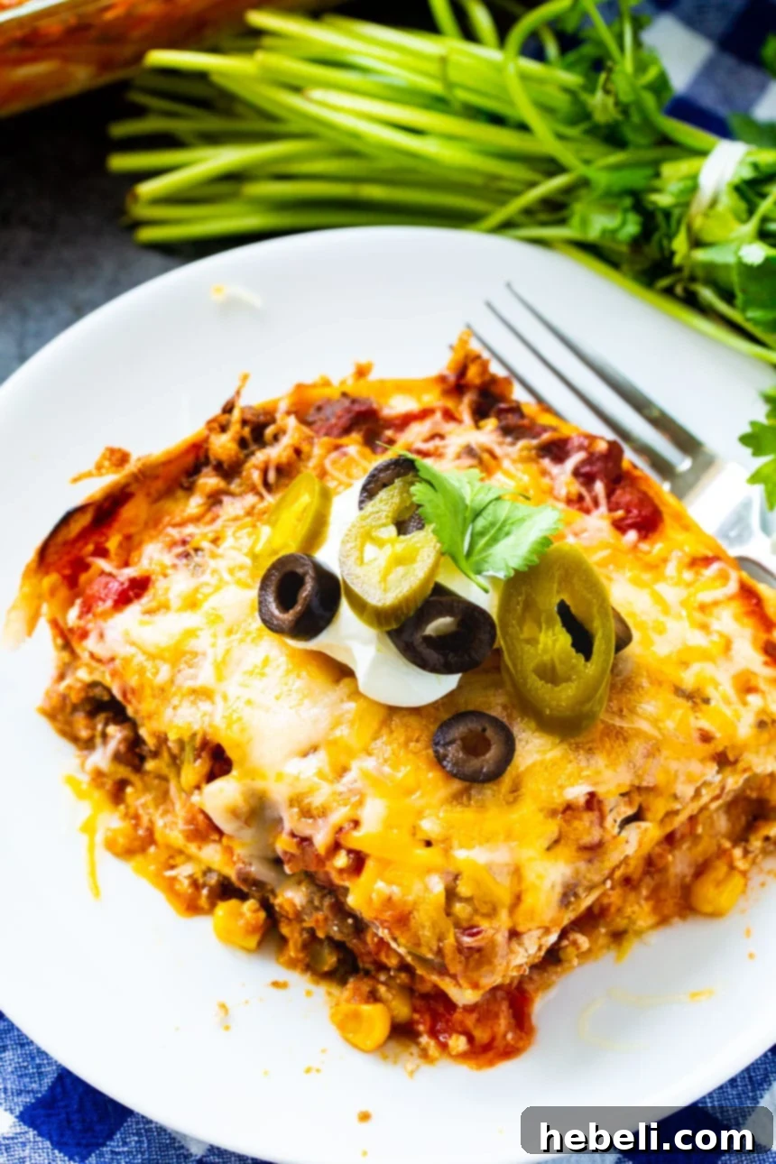 A close-up slice of Mexican Lasagna on a white plate, garnished with fresh cilantro.