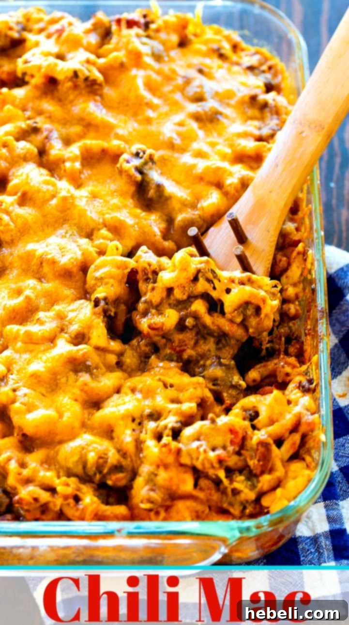 Chili Mac 4 Close-up shot of baked Chili Mac, showing the melted cheese topping and rich texture.