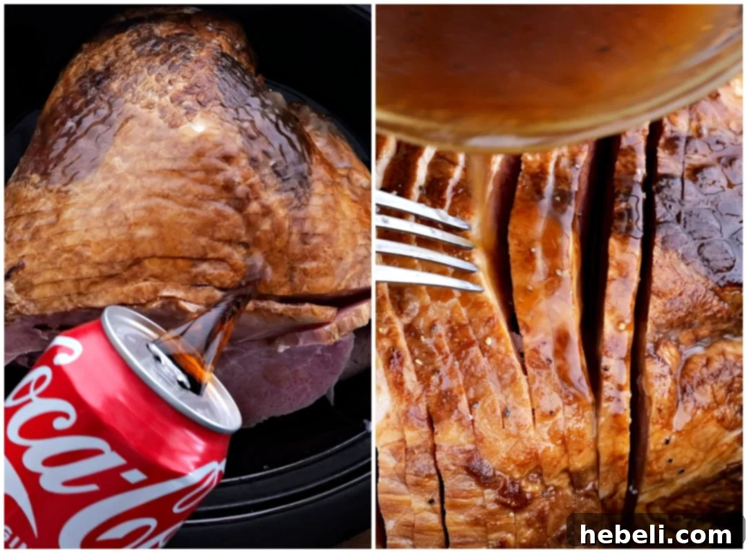 On the left, a can of cola being poured into a slow cooker. On the right, brown sugar and cola glaze being poured over a spiral-cut ham, ensuring it seeps between the slices.