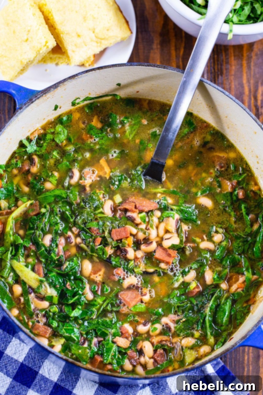 Lucky New Year Black Eyed Pea Soup 3 Overhead view of New Year's Black-Eyed Pea Soup with Collard Greens in a Dutch oven