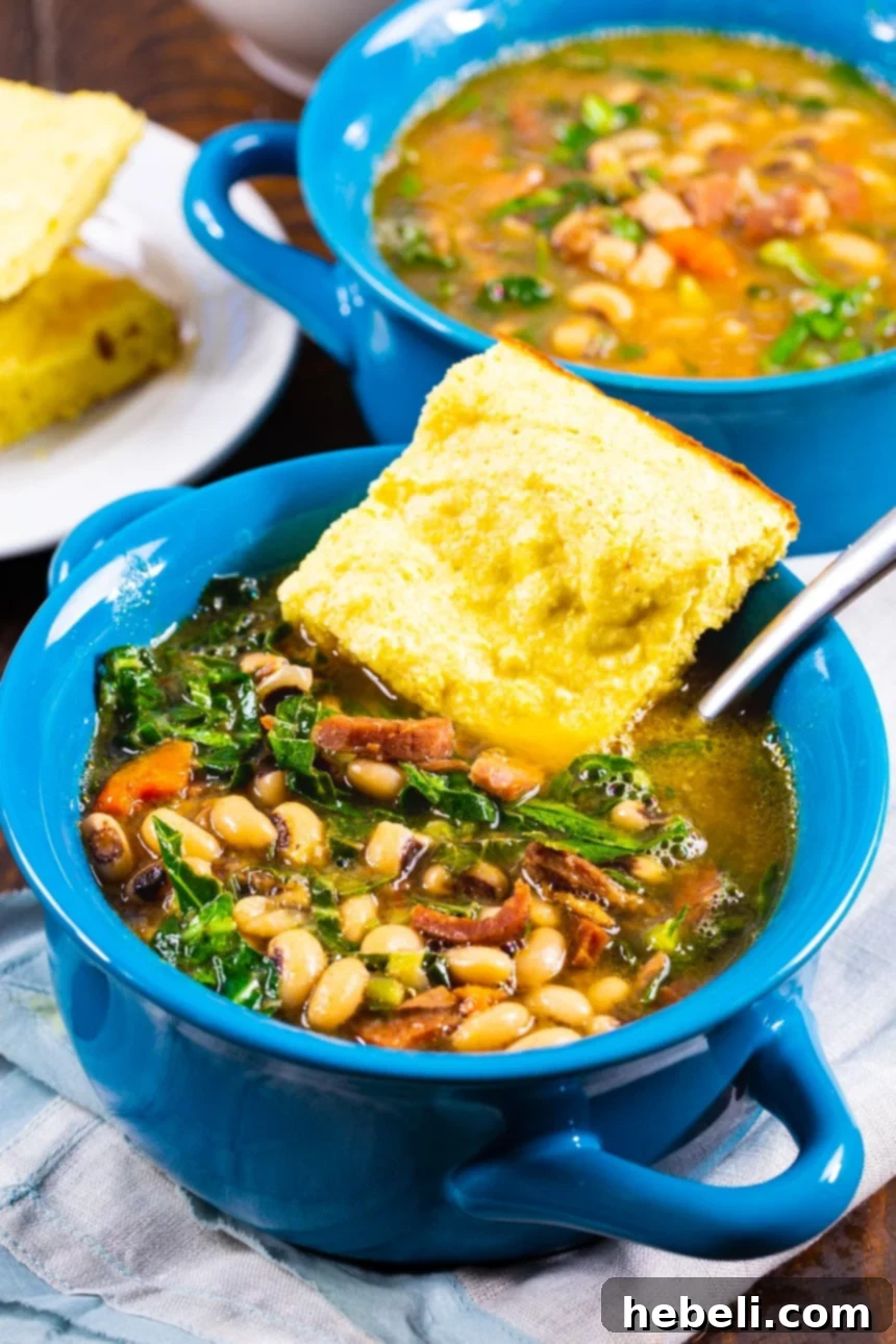 Lucky New Year Black Eyed Pea Soup 4 Black-Eyed Pea Soup with Collard Greens served in soup bowls