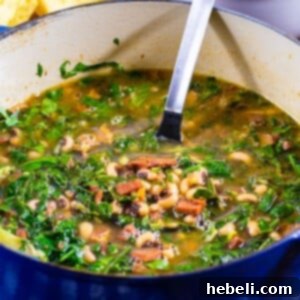 Lucky New Year Black Eyed Pea Soup 5 Close-up of New Year's Black-Eyed Pea Soup in a Dutch oven