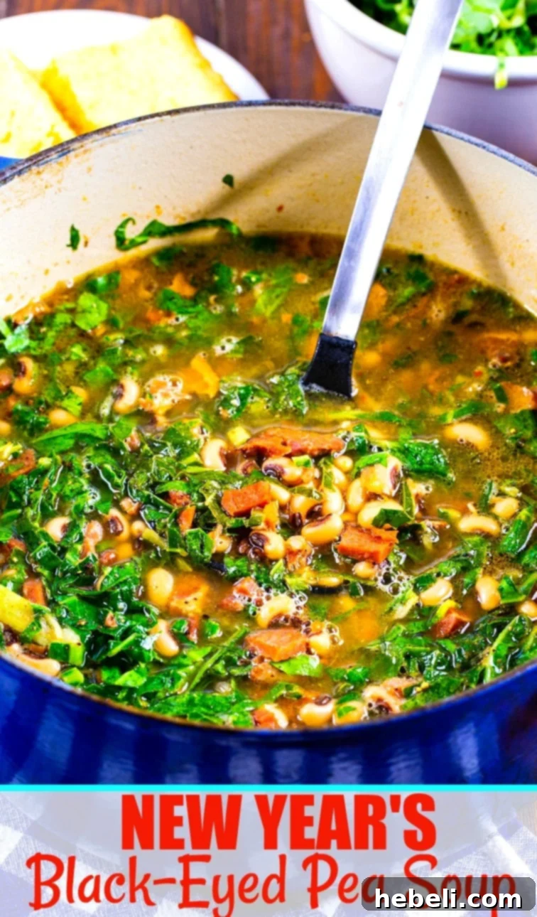 Lucky New Year Black Eyed Pea Soup 6 New Year's Black-Eyed Pea Soup in a bowl with a spoon and cornbread