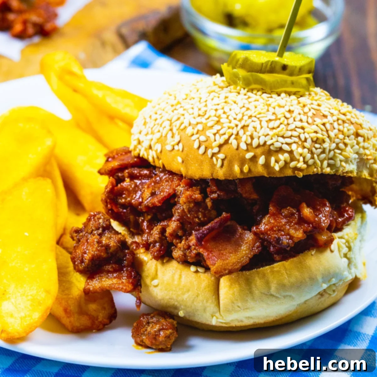 Sweet & Smoky Bacon Sloppy Joes 2 Delicious Brown Sugar Bacon Sloppy Joes on a plate with crispy fries, ready to be enjoyed.