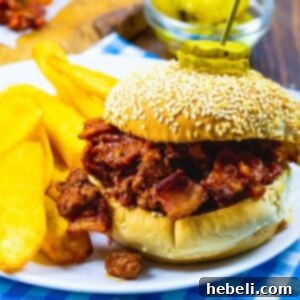 Brown Sugar Bacon Sloppy Joes on a plate with fries, ready to serve.