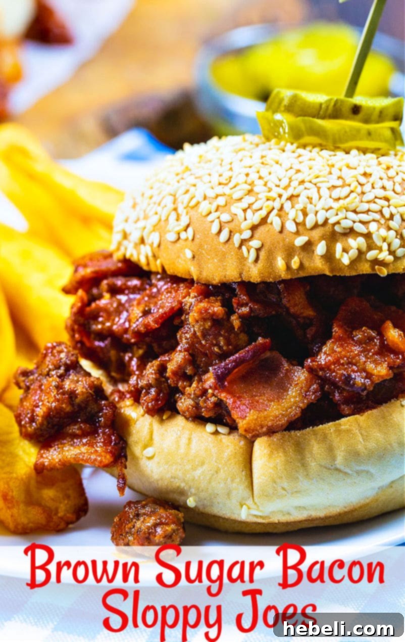Sweet & Smoky Bacon Sloppy Joes 6 A large serving of Brown Sugar Bacon Sloppy Joes in a skillet, ready to be scooped onto buns.