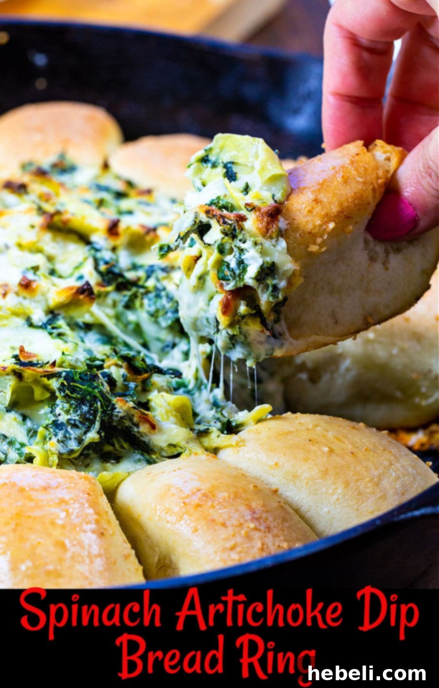 Spinach Artichoke Pull Apart Bread Ring 7 Close-up of the Spinach Artichoke Dip Bread Ring, showing the golden rolls and creamy dip.