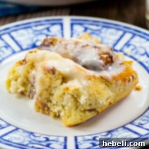 Bisquick Cinnamon Roll on a blue and white plate.