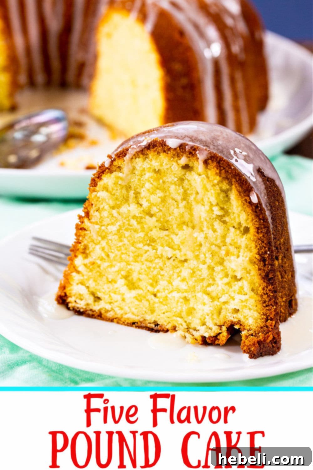 The finished Five Flavor Pound Cake, beautifully glazed and presented on a serving plate.