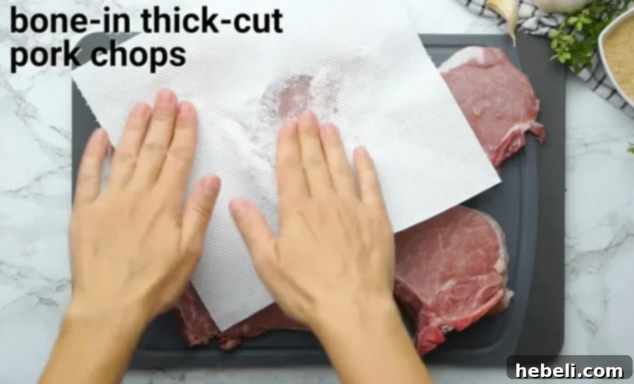 Sticky Brown Sugar Garlic Pork Chops 5 Blotting pork chops dry with paper towels before seasoning.